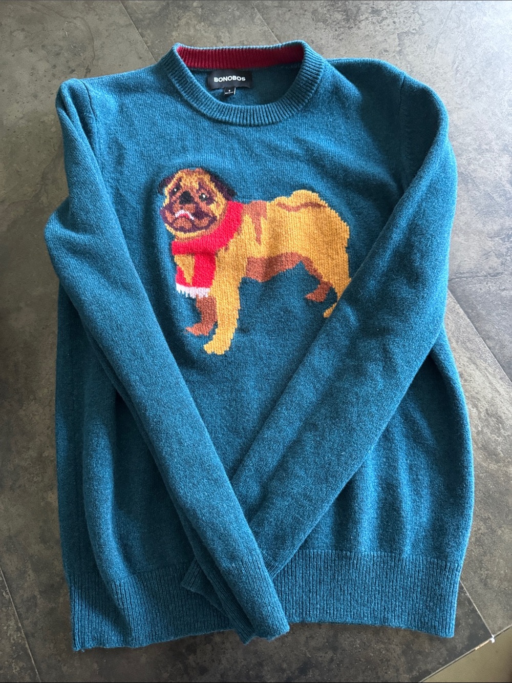 Bonobos Teal Crewneck Sweater with Pug Motif